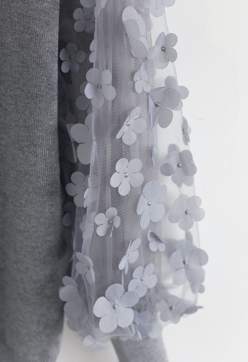 3D Flower Mesh Sleeves Knit Top in Grey