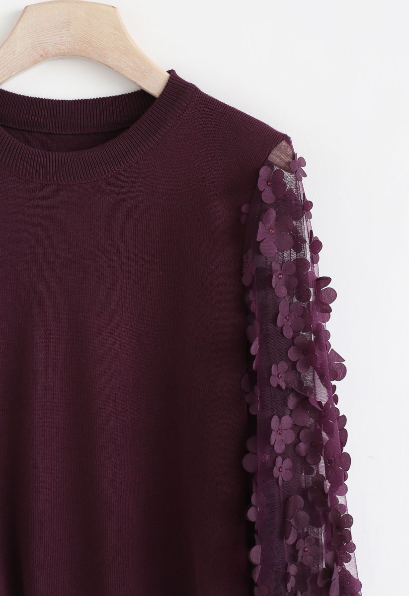 3D Flower Mesh Sleeves Knit Top in Wine