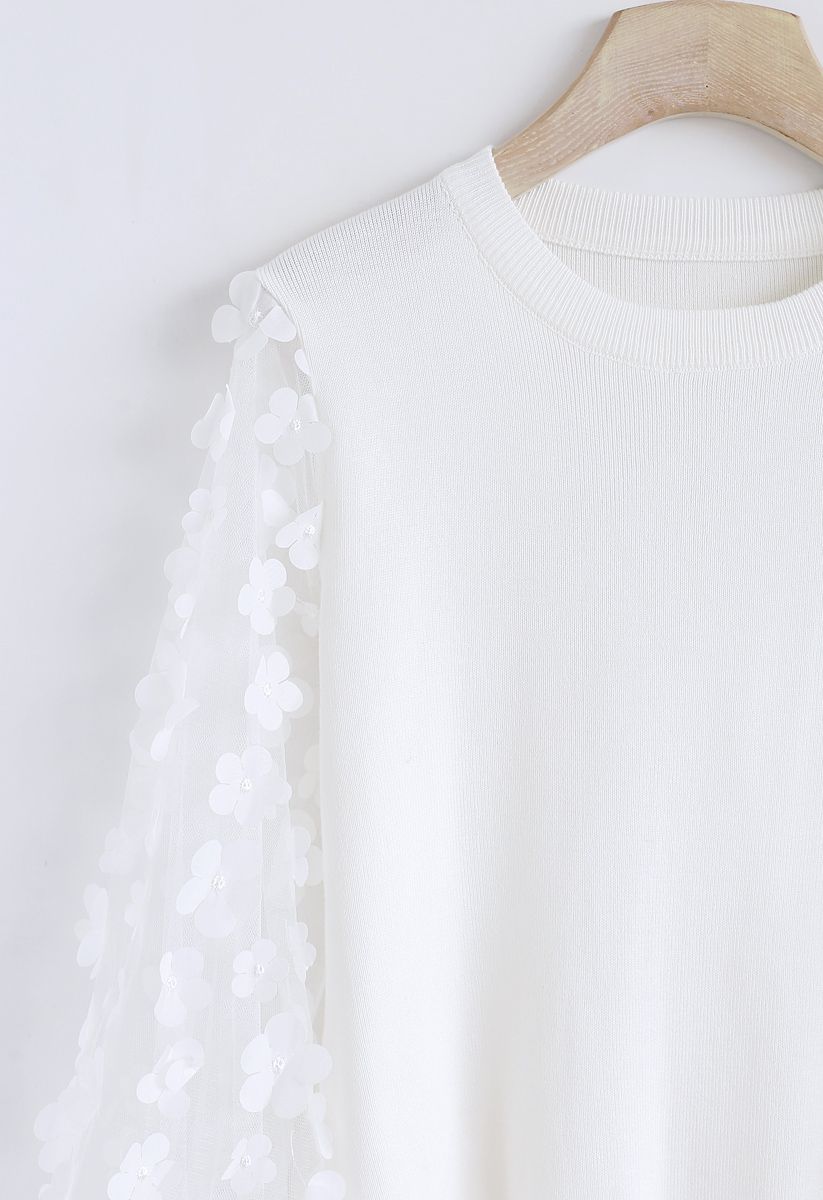 3D Flower Mesh Sleeves Knit Top in White