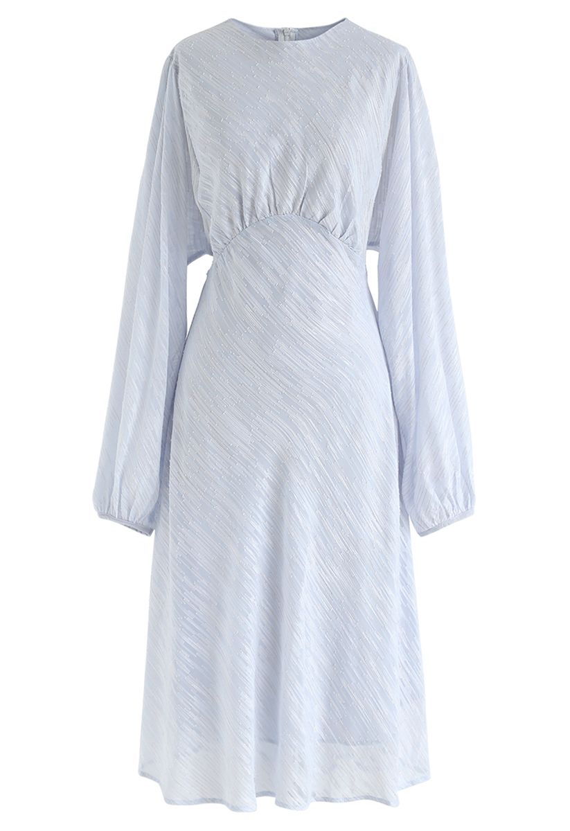 Slanted Lines Puff Sleeves Midi Dress in Icy Blue