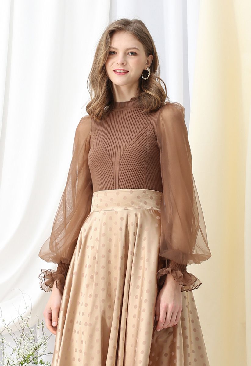 Sheer Bubble Sleeves Ribbed Knit Top in Brown