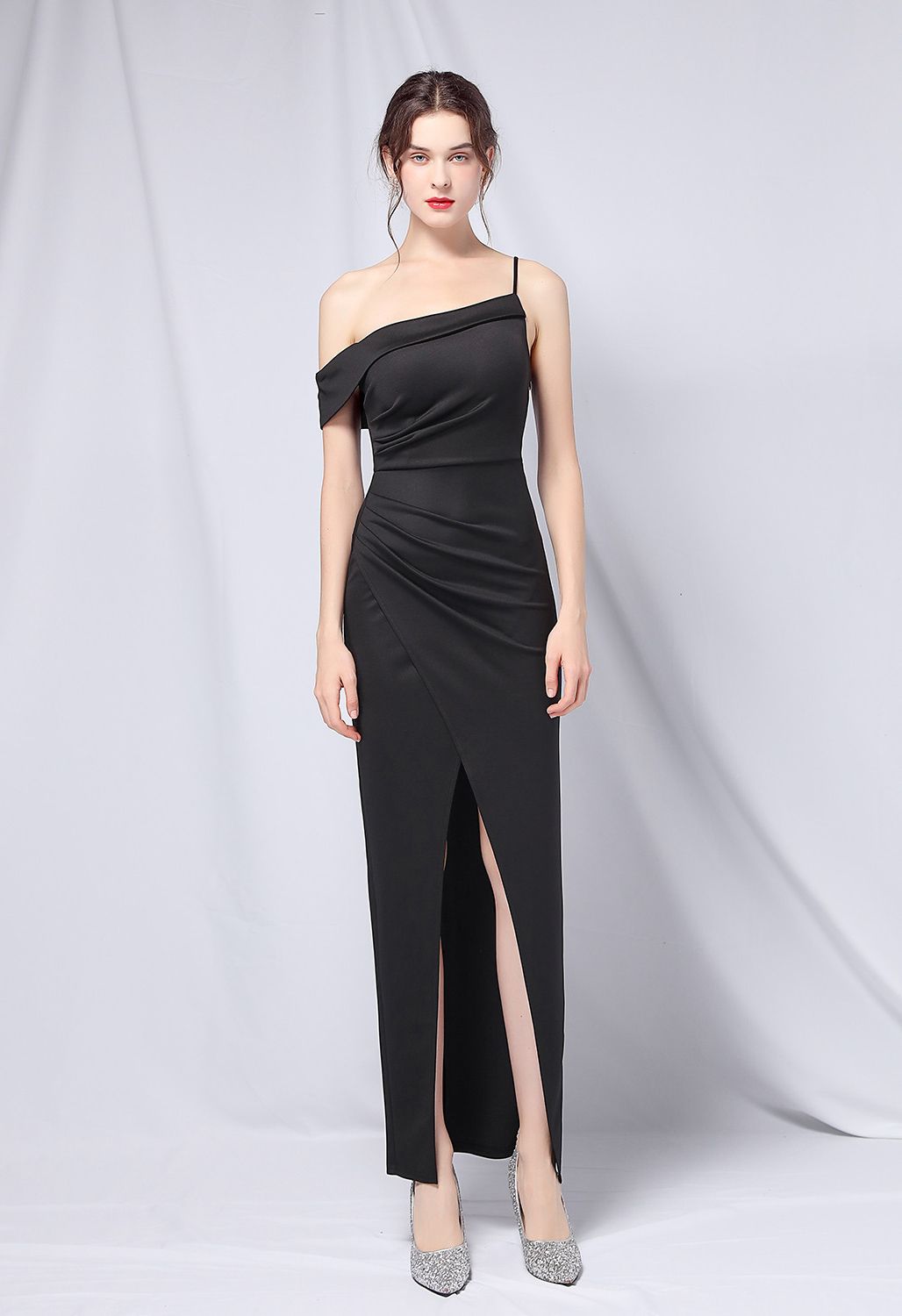 Single Strap Front Slit Gown in Black