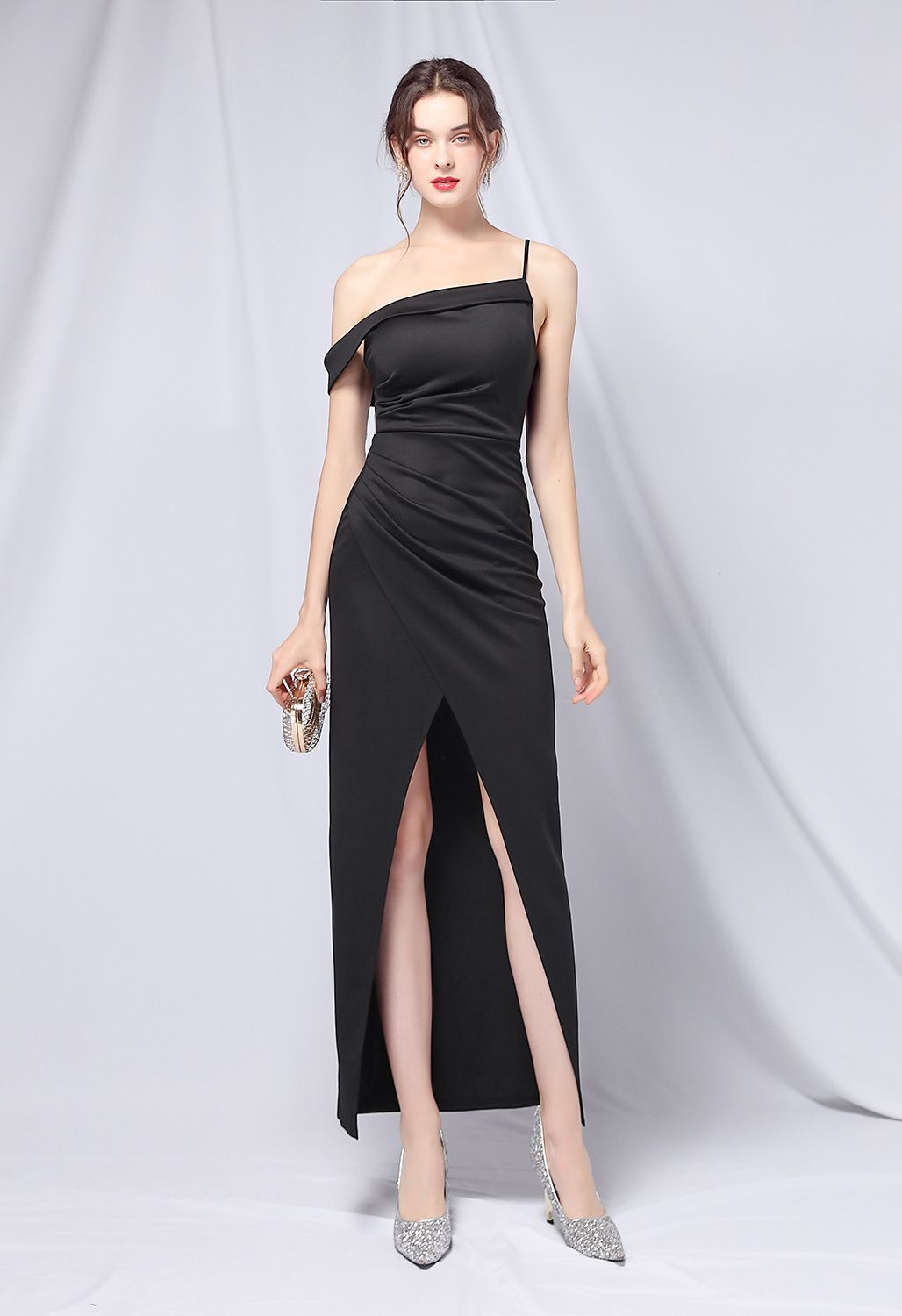 Single Strap Front Slit Gown in Black