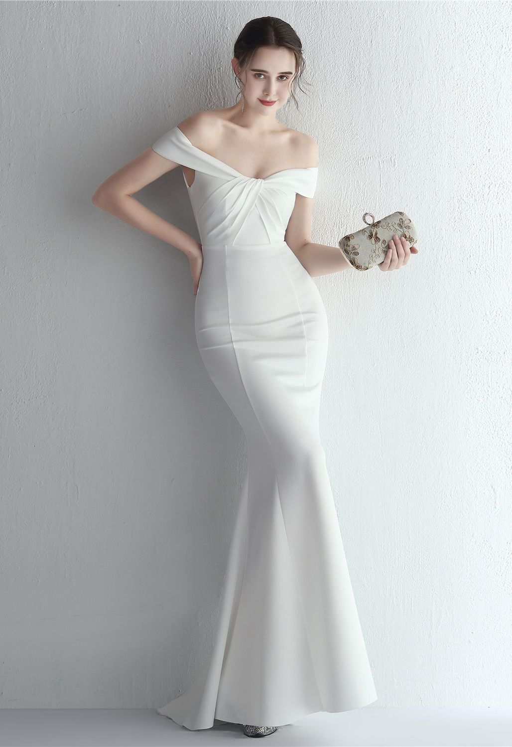 Twist Front Off-Shoulder Gown in White - Retro, Indie and Unique Fashion