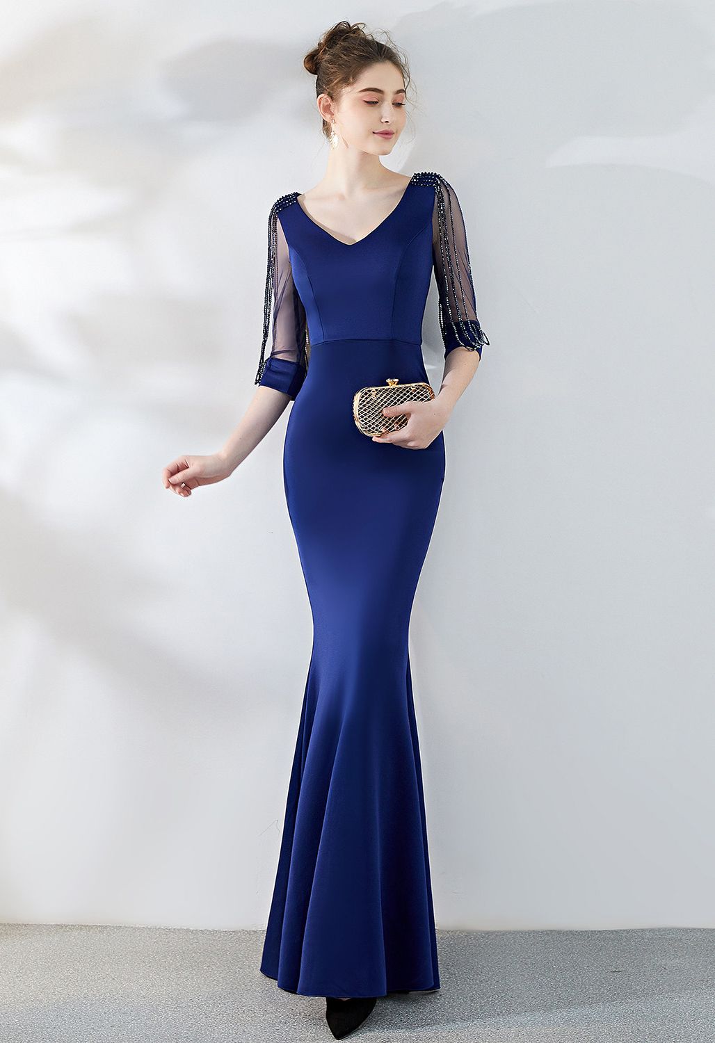 Draped Bead Mesh Sleeve Gown in Navy - Retro, Indie and Unique Fashion