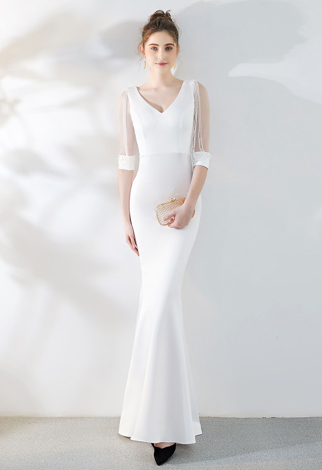 Draped Bead Mesh Sleeve Gown in White - Retro, Indie and Unique Fashion