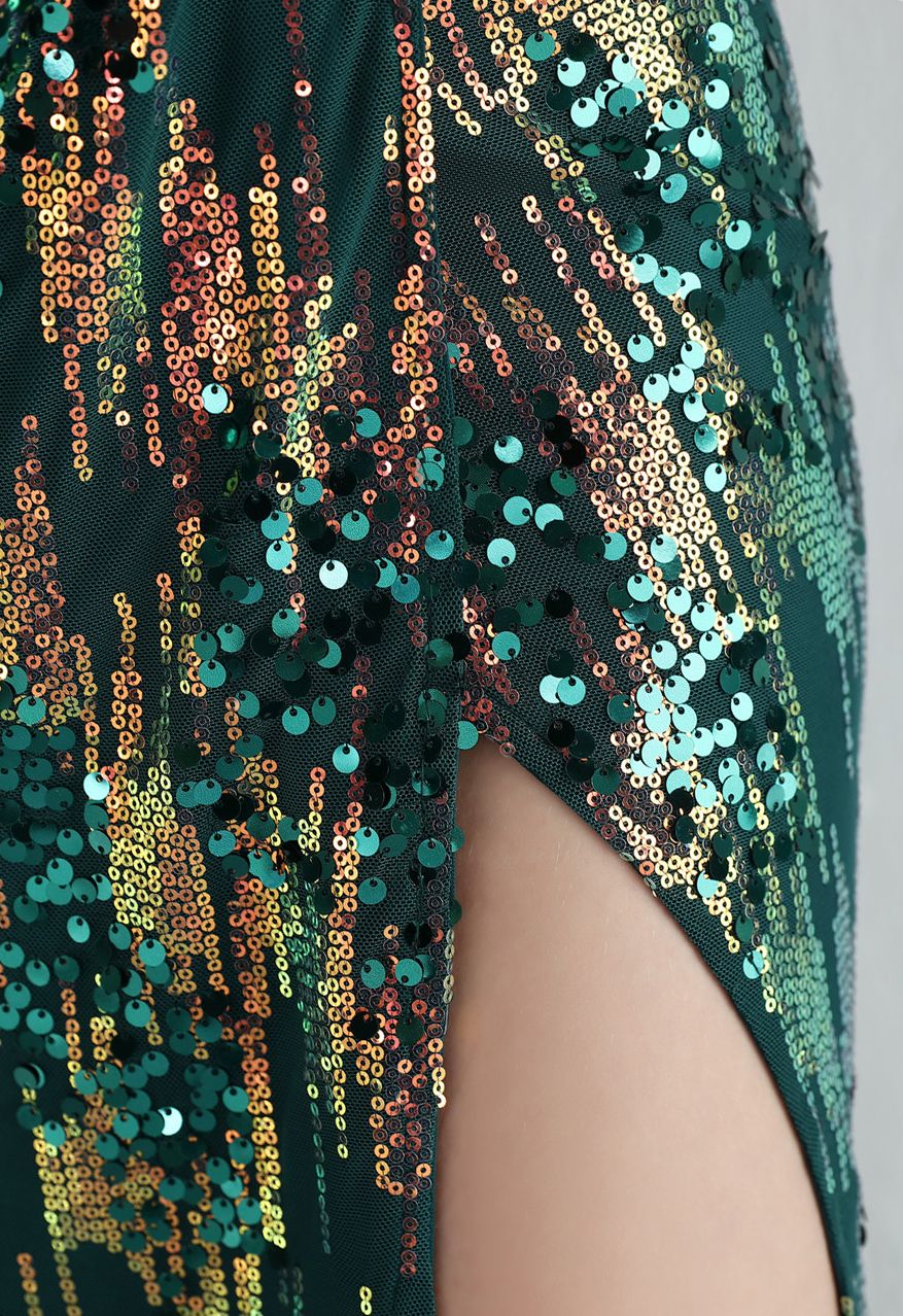 Multi-Color Sequins V-Neck High Slit Gown in Emerald