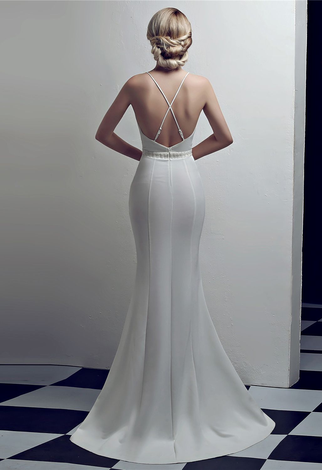 Beaded Waist Crisscross Open Back Cami Gown in White