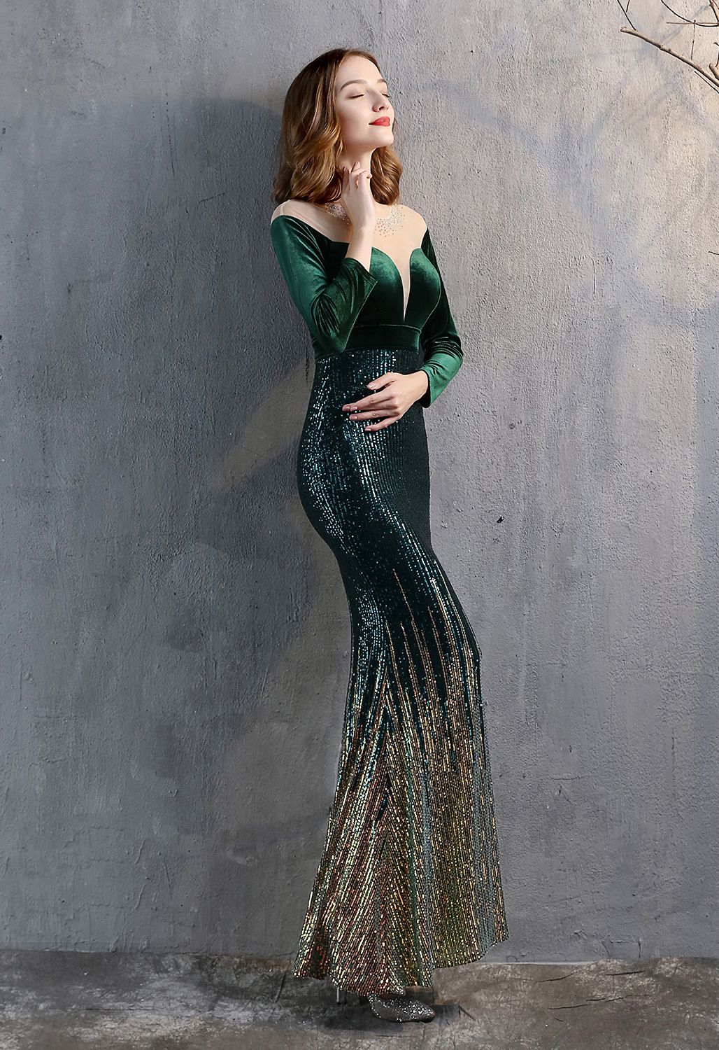 Ombre Sequins Velvet Spliced Gown in Emerald
