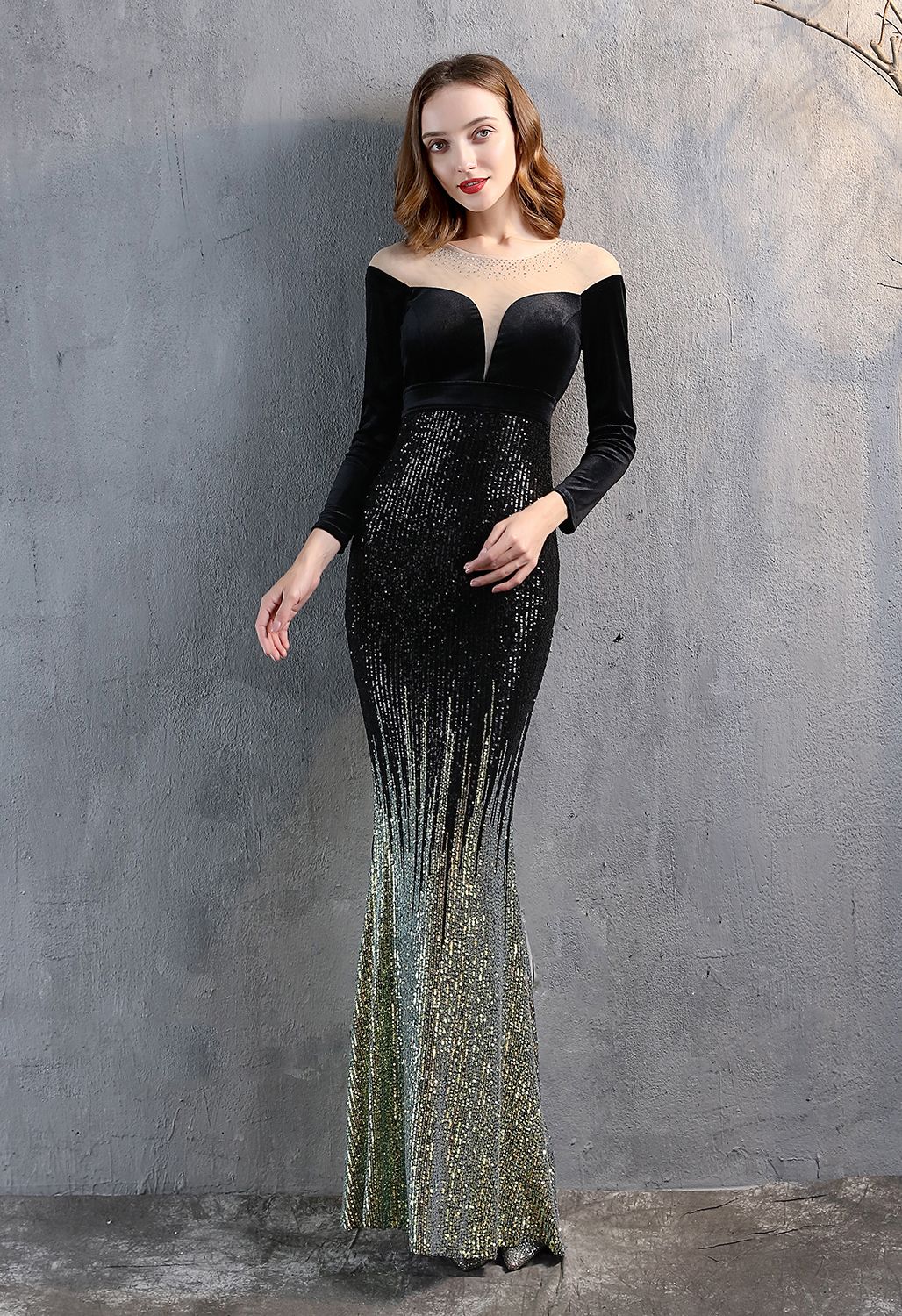 Ombre Sequins Velvet Spliced Gown in Black - Retro, Indie and Unique ...