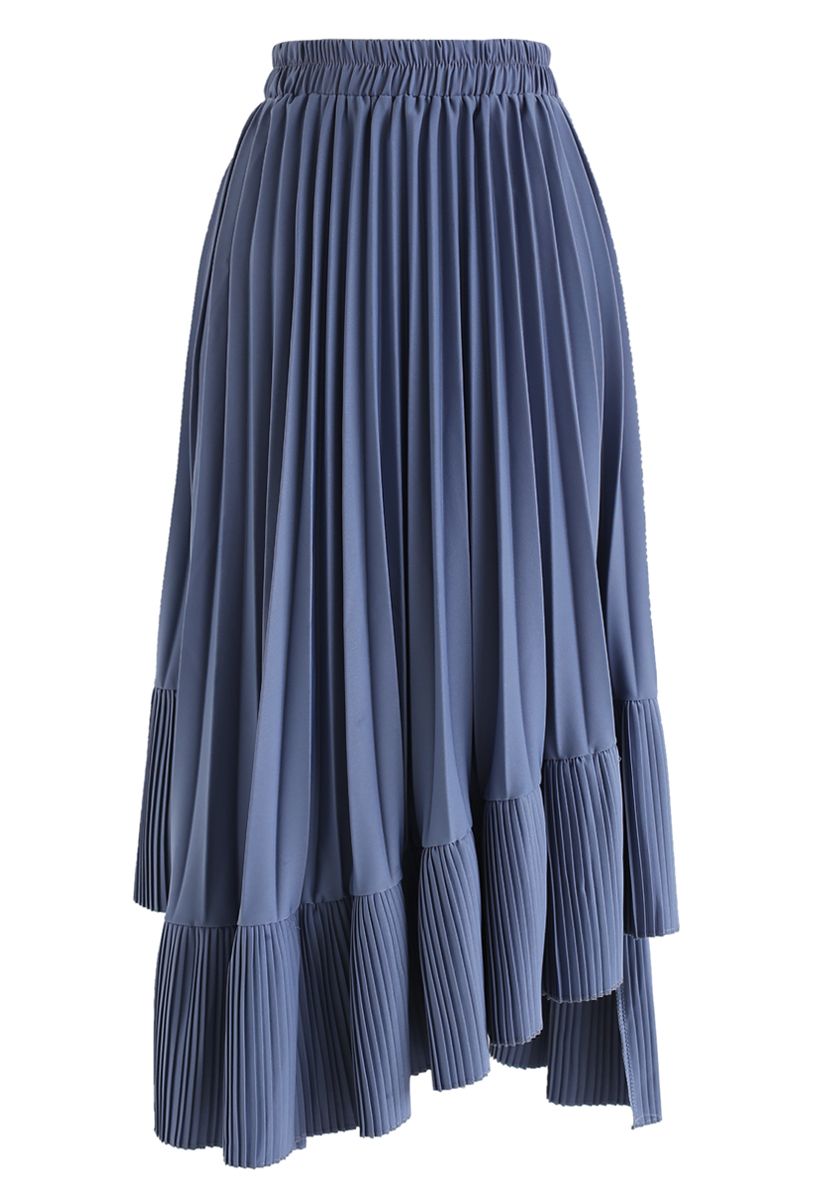 Asymmetric Hem Pleated Midi Skirt in Blue - Retro, Indie and Unique Fashion