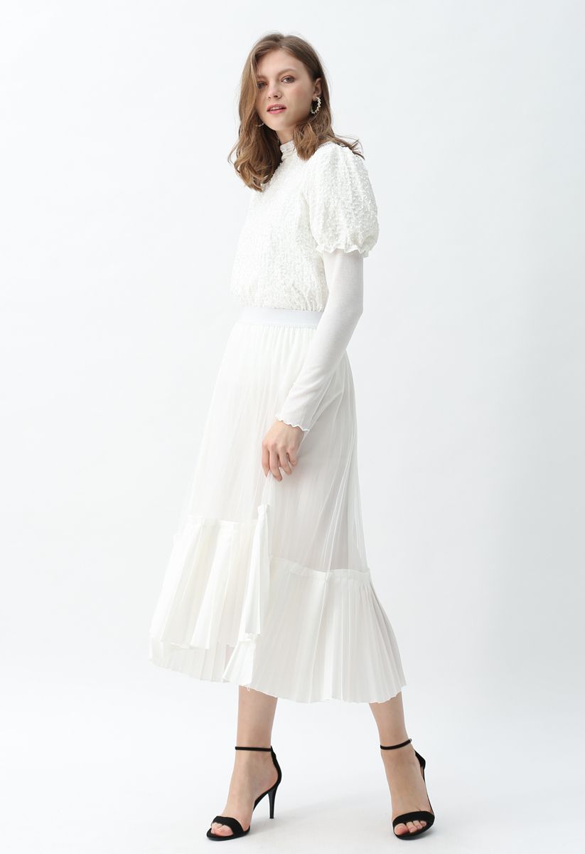 Mesh Asymmetric Hem Pleated Midi Skirt in White