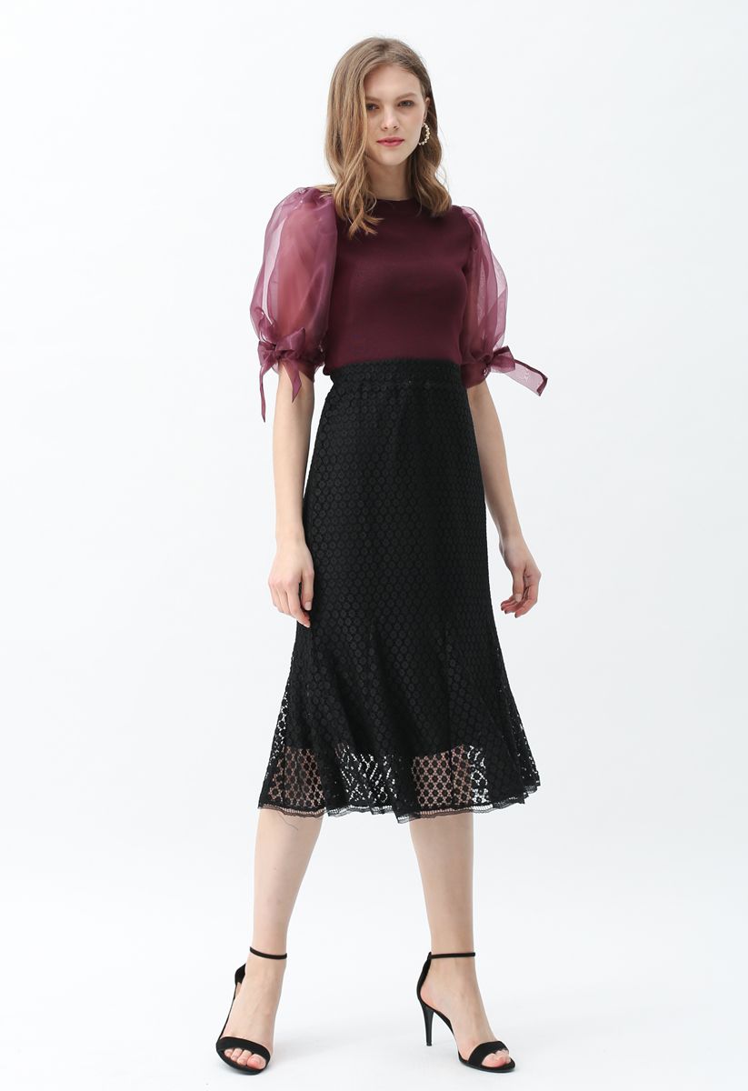 Floret Crochet Frill Hem Midi Skirt in Black