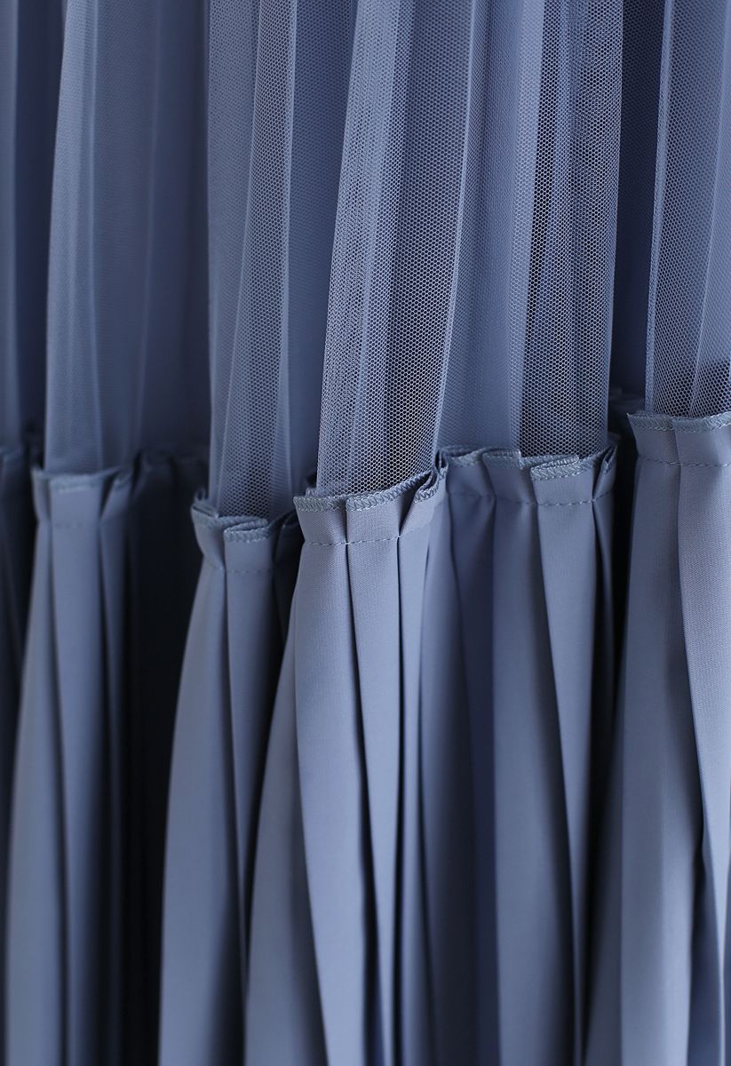 Mesh Asymmetric Hem Pleated Midi Skirt in Blue