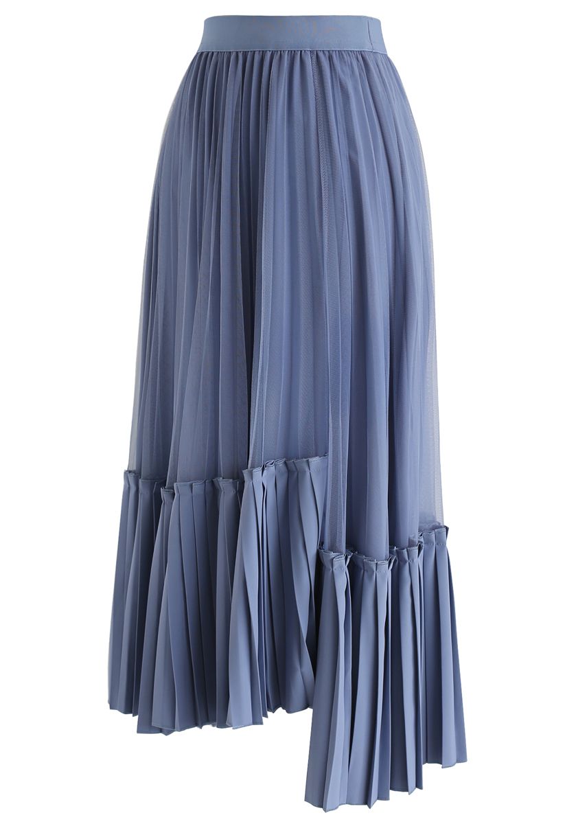Mesh Asymmetric Hem Pleated Midi Skirt in Blue - Retro, Indie and ...