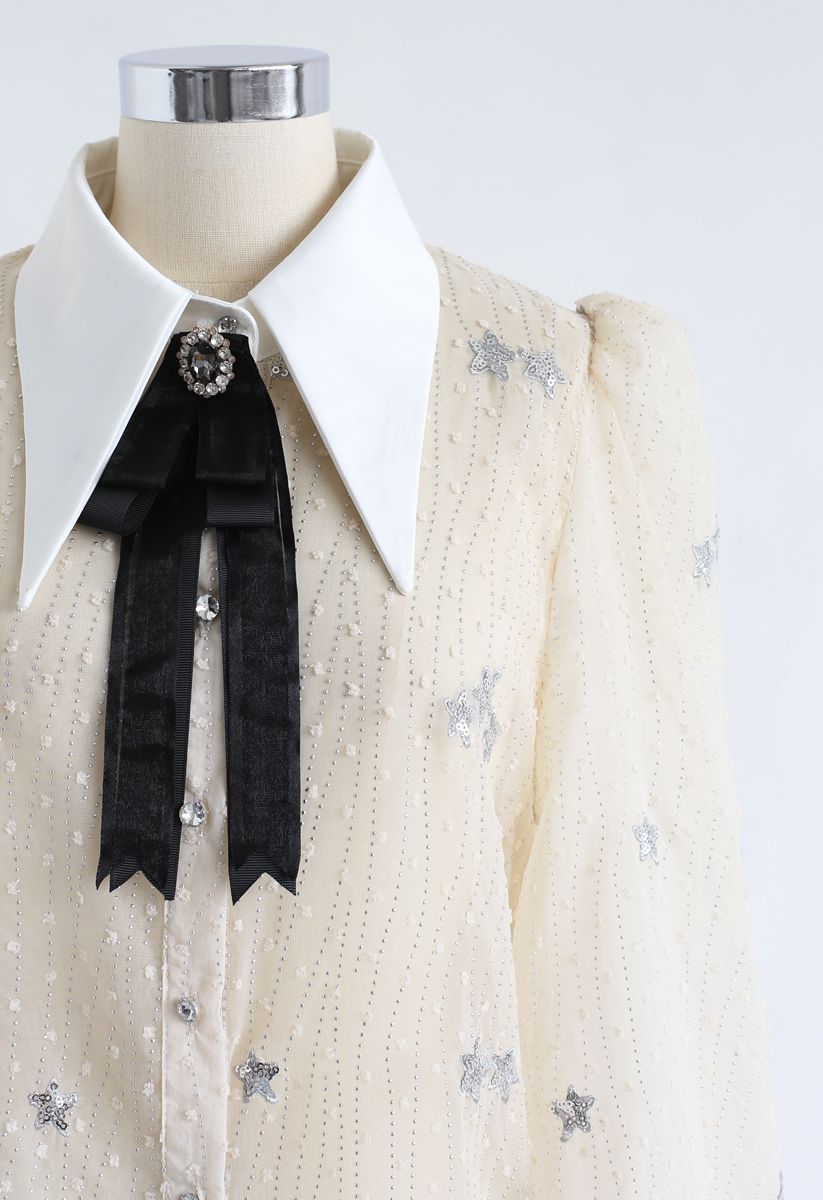 Diamond Bowknot Brooch Sequined Shirt in Cream