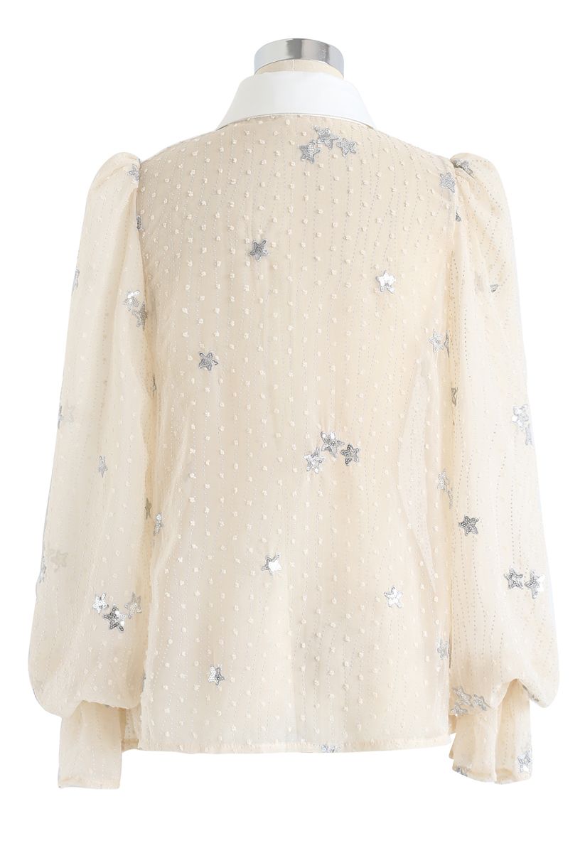 Diamond Bowknot Brooch Sequined Shirt in Cream