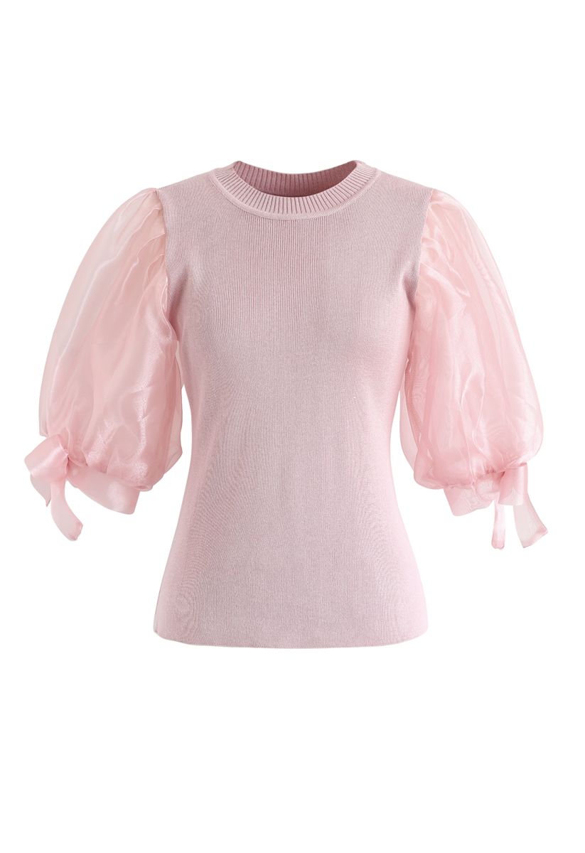 Organza Bubble Sleeves Knit Top in Pink - Retro, Indie and Unique Fashion