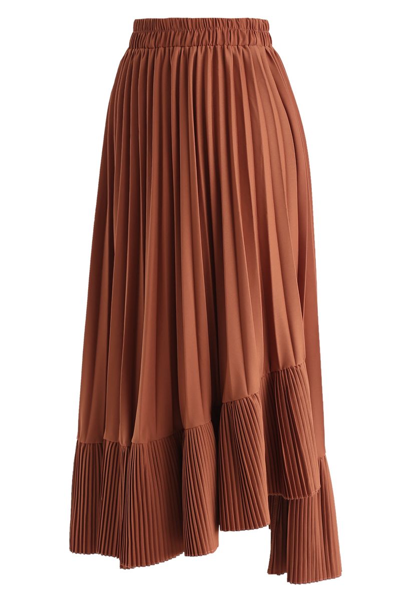 Asymmetric Hem Pleated Midi Skirt in Caramel