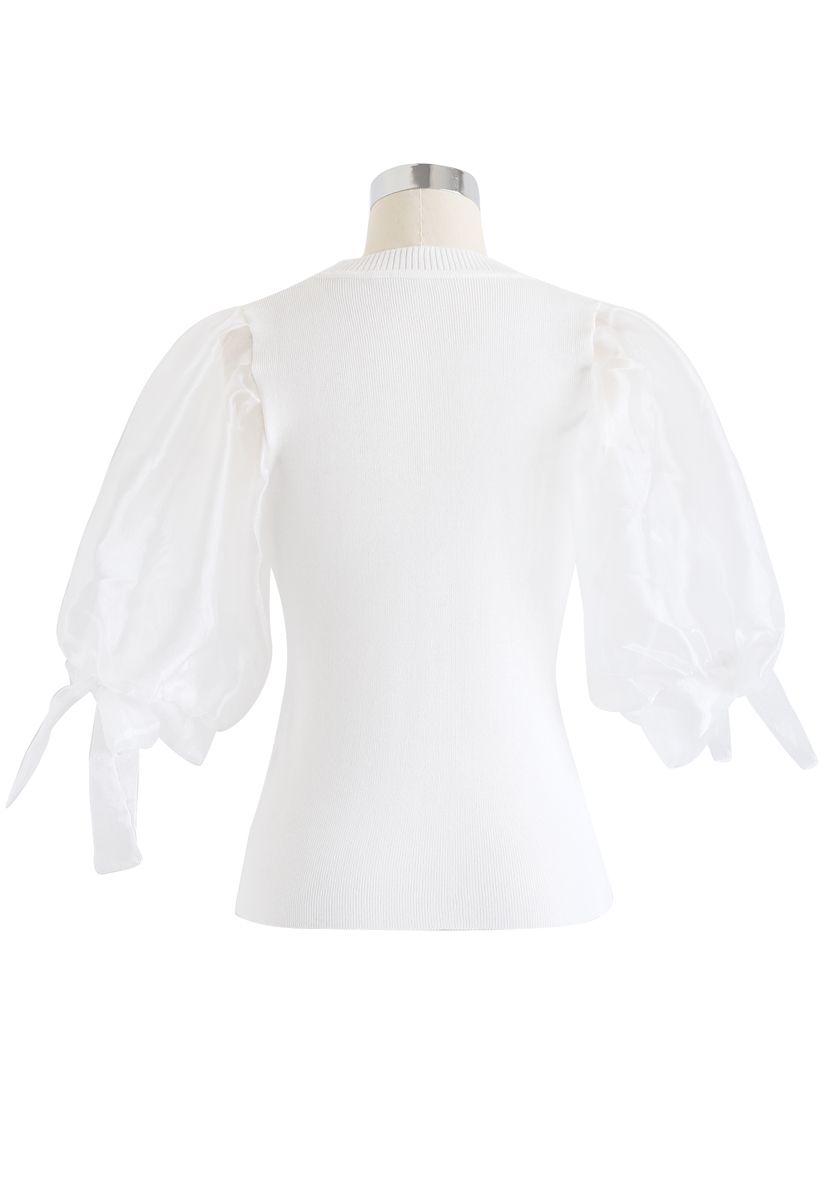 Organza Bubble Sleeves Knit Top in White - Retro, Indie and Unique Fashion