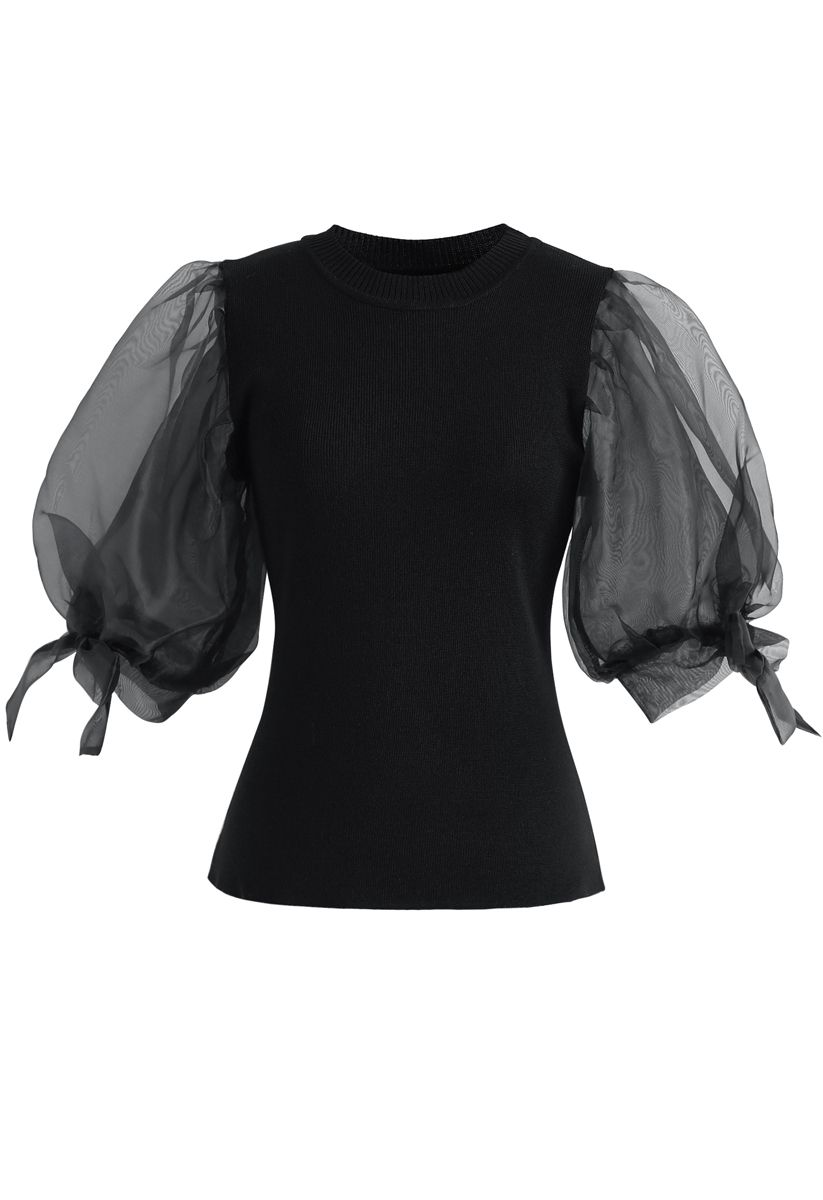 Organza Bubble Sleeves Knit Top in Black - Retro, Indie and Unique Fashion