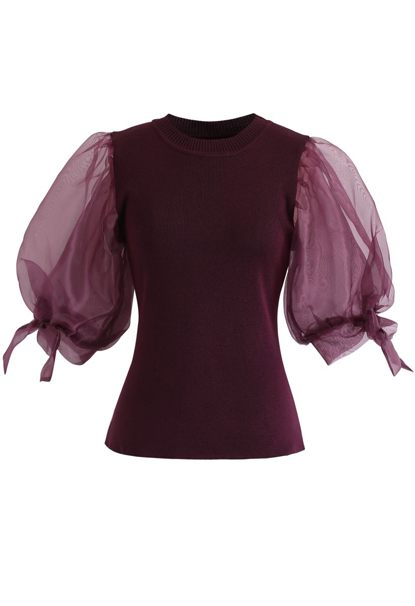 Organza Bubble Sleeves Knit Top in Wine - Retro, Indie and Unique Fashion