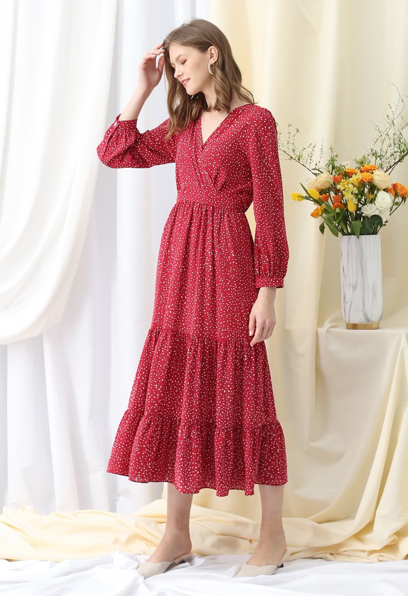 Spots Printed Ruffle Wrap Maxi Dress in Red