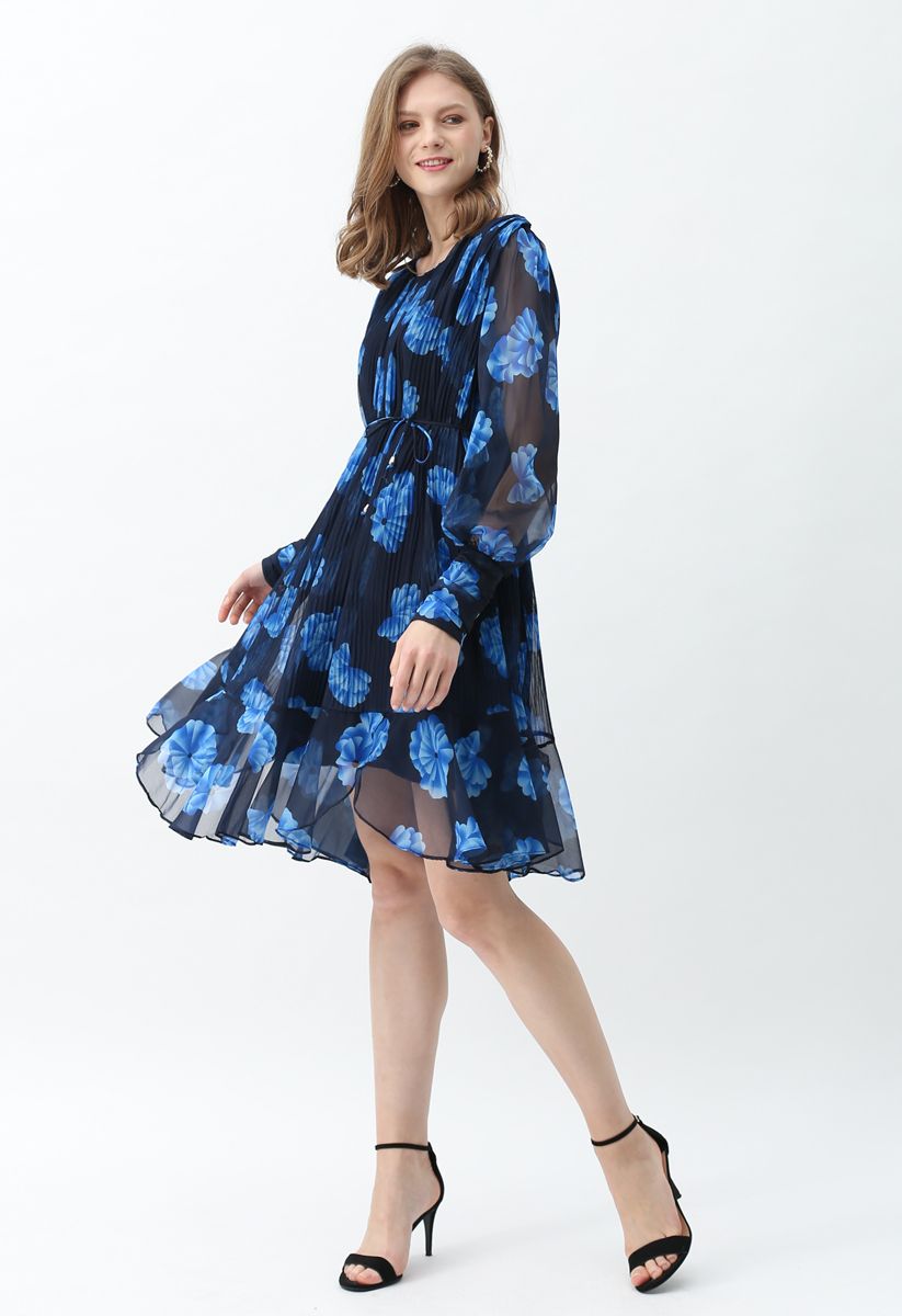 Floral Sheer Sleeves Pleated Chiffon Dress in Blue - Retro, Indie and ...