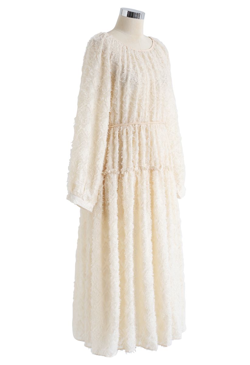Creamy Feathers Tassel Sheer Dress