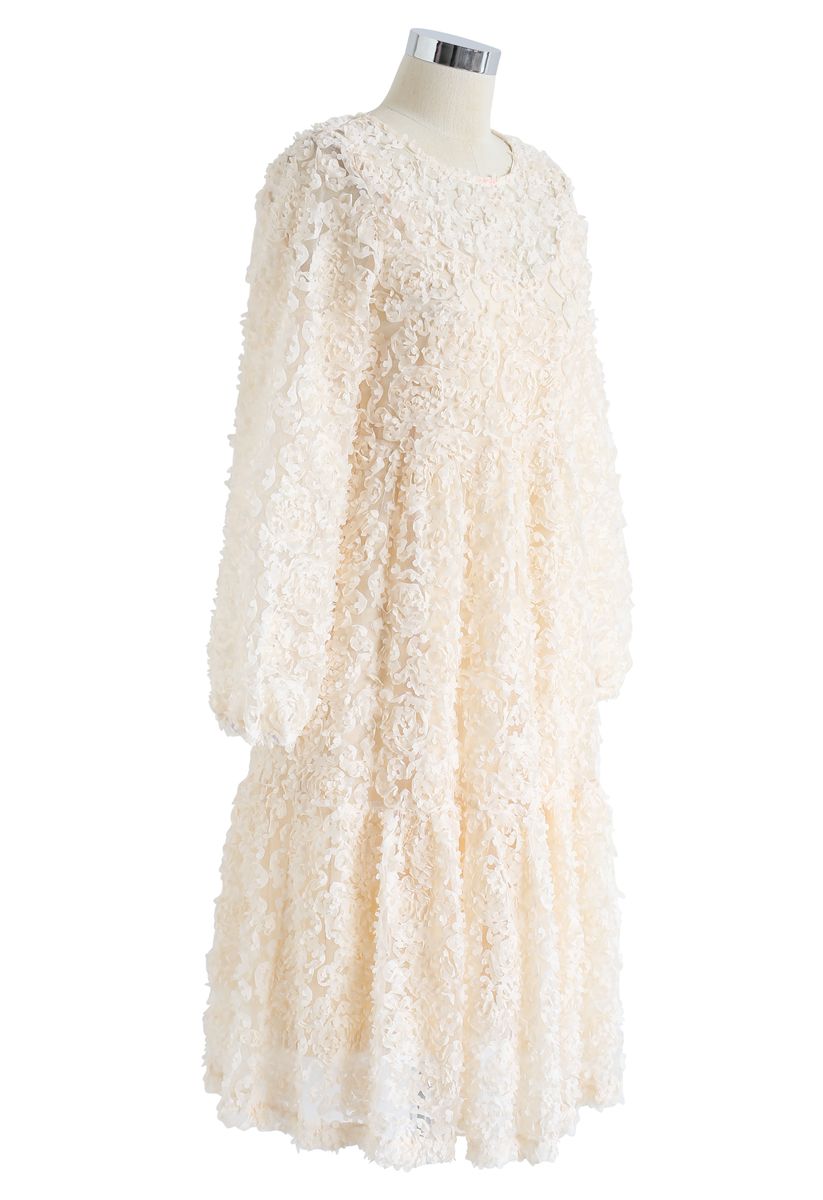 3D Petal Trim Mesh Midi Dress in Cream - Retro, Indie and Unique Fashion