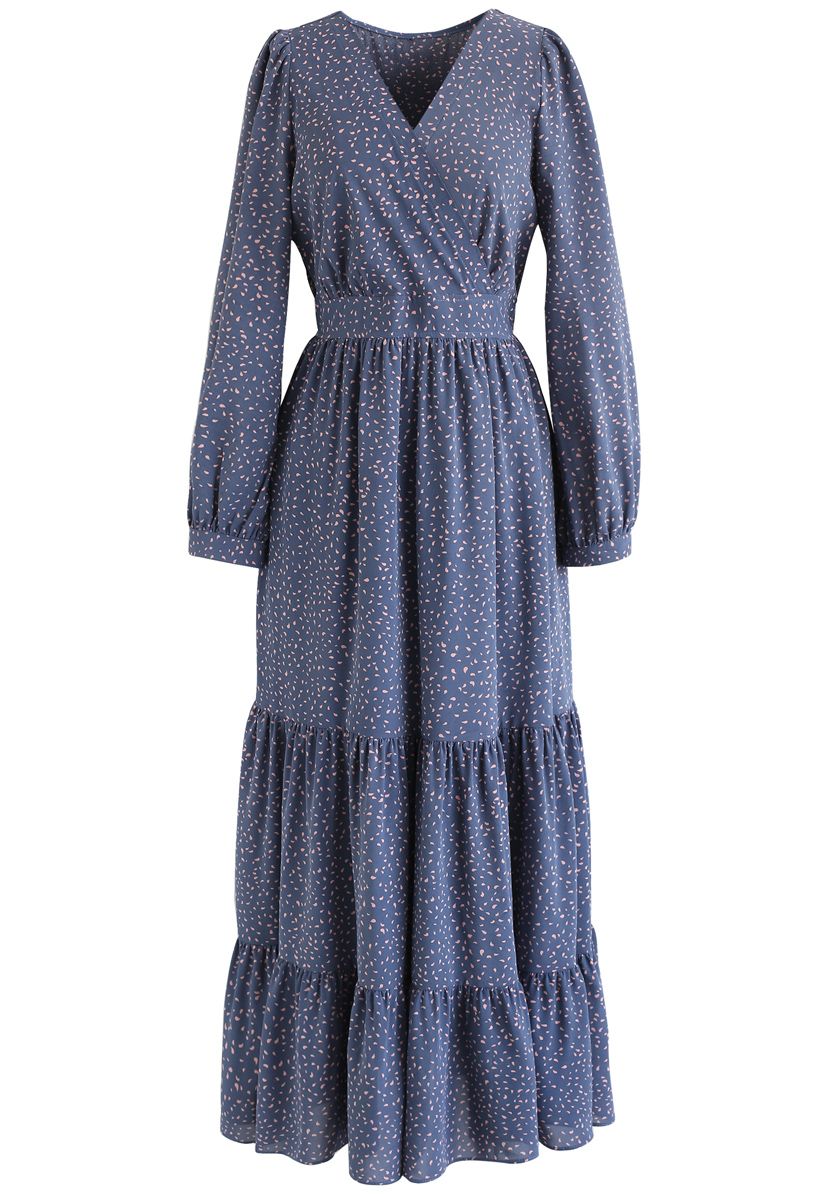 Spots Printed Ruffle Wrap Maxi Dress in Blue - Retro, Indie and Unique ...