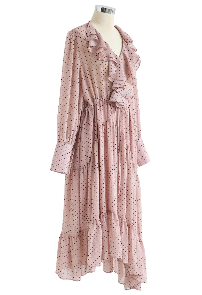 Dots Ruffle Trim Asymmetric Dress in Pink