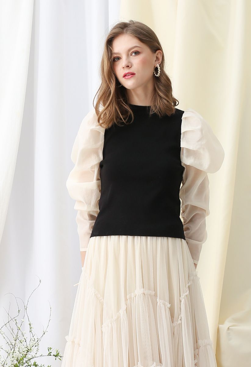 Drawstring Bubble Sleeves Ribbed Knit Top - Retro, Indie and Unique Fashion