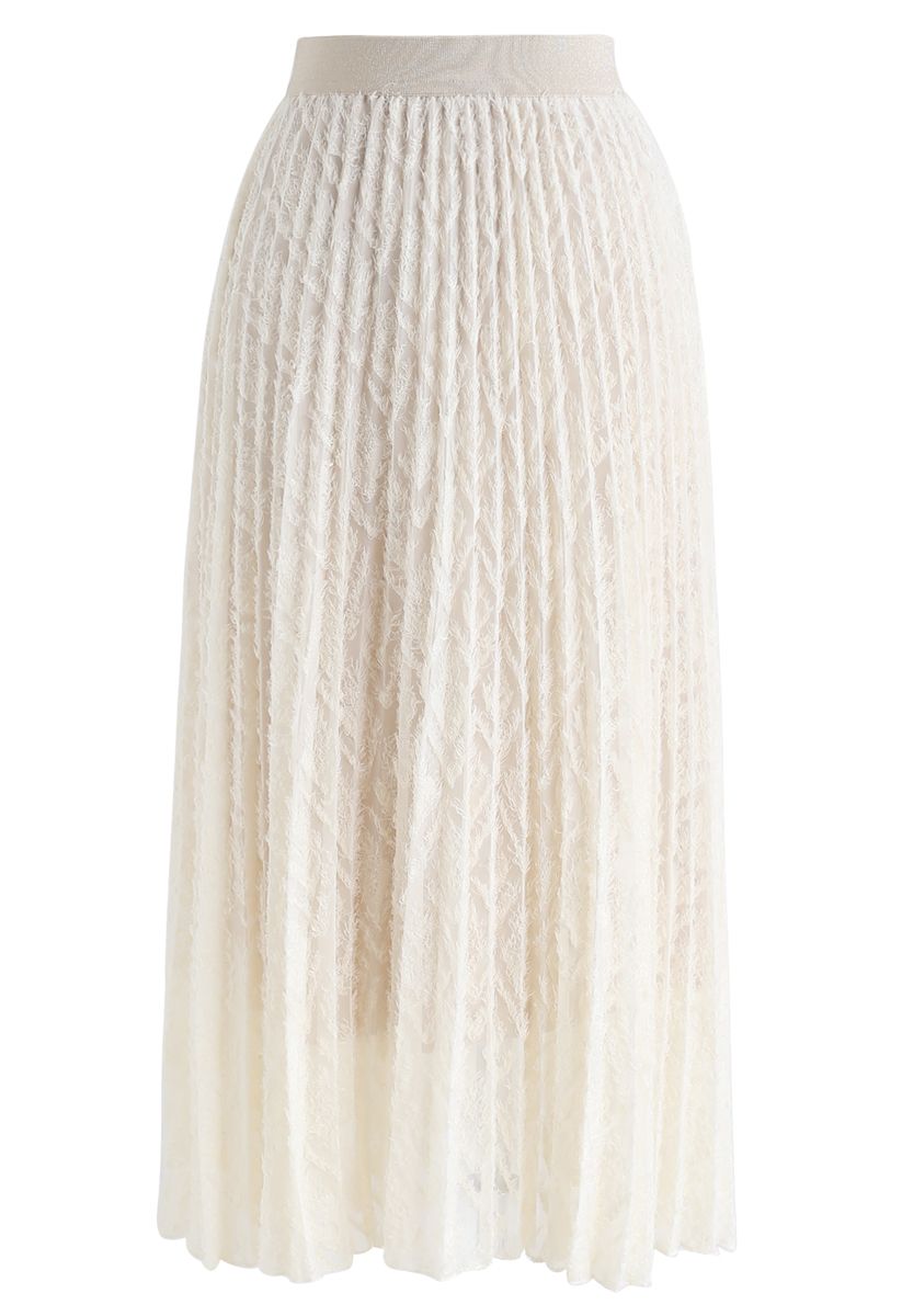 Feathers Tassel Pleated Midi Skirt in Cream