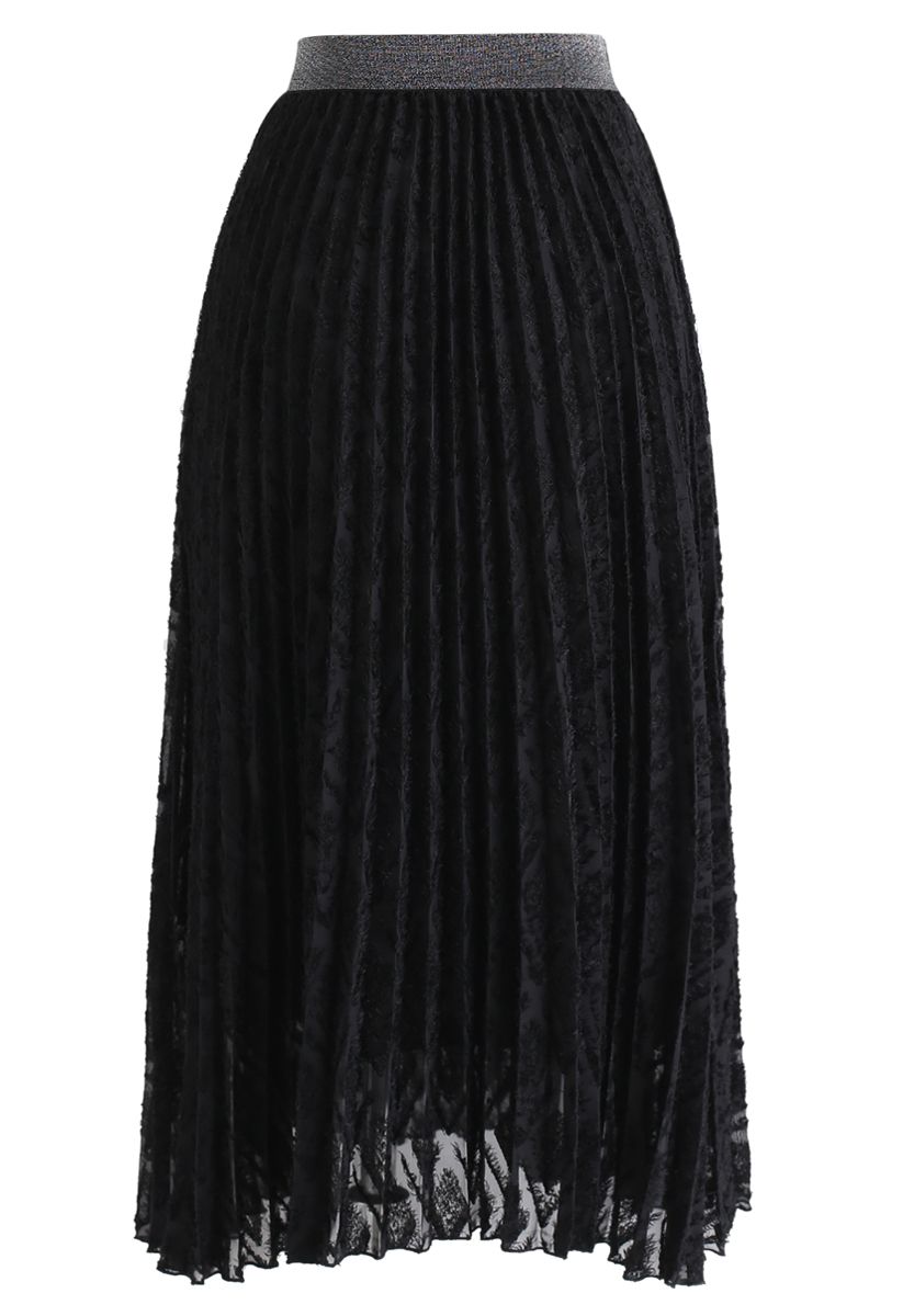Feathers Tassel Pleated Midi Skirt in Black