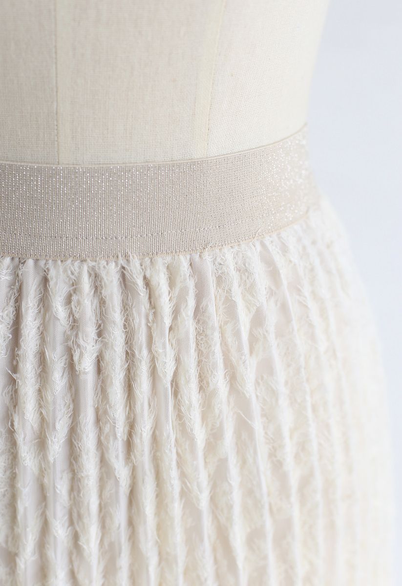 Feathers Tassel Pleated Midi Skirt in Cream
