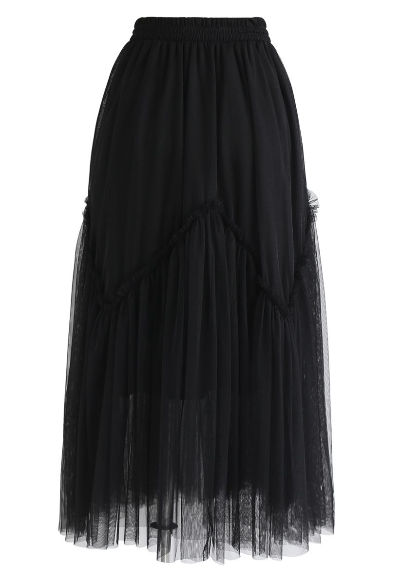 Black Wavy Double-Layered Mesh Tulle Skirt - Retro, Indie and Unique ...
