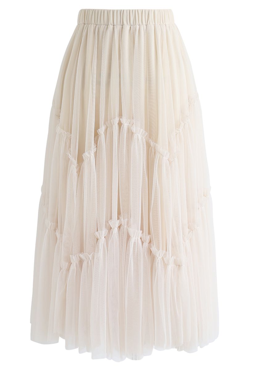 Ruffle Detail Asymmetric Mesh Tulle Skirt in Cream - Retro, Indie and ...