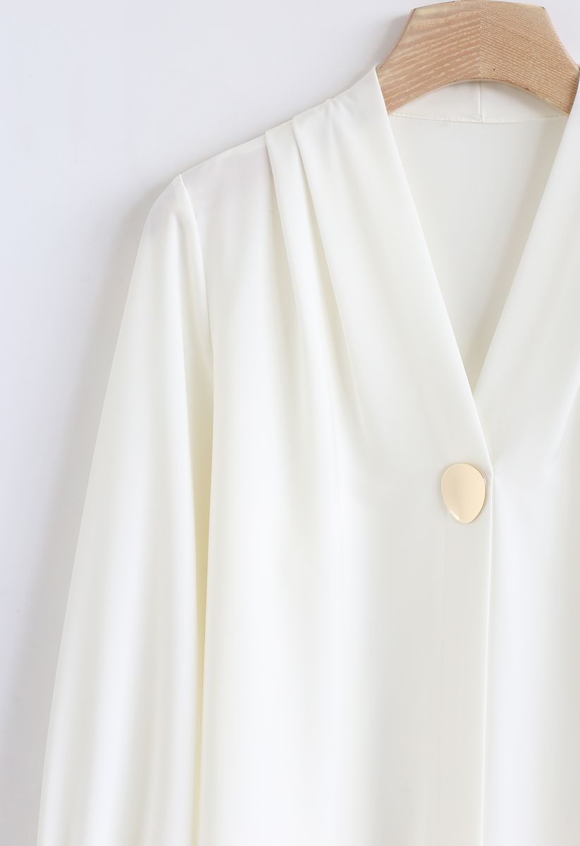Button Embellished Satin V-Neck Top in White