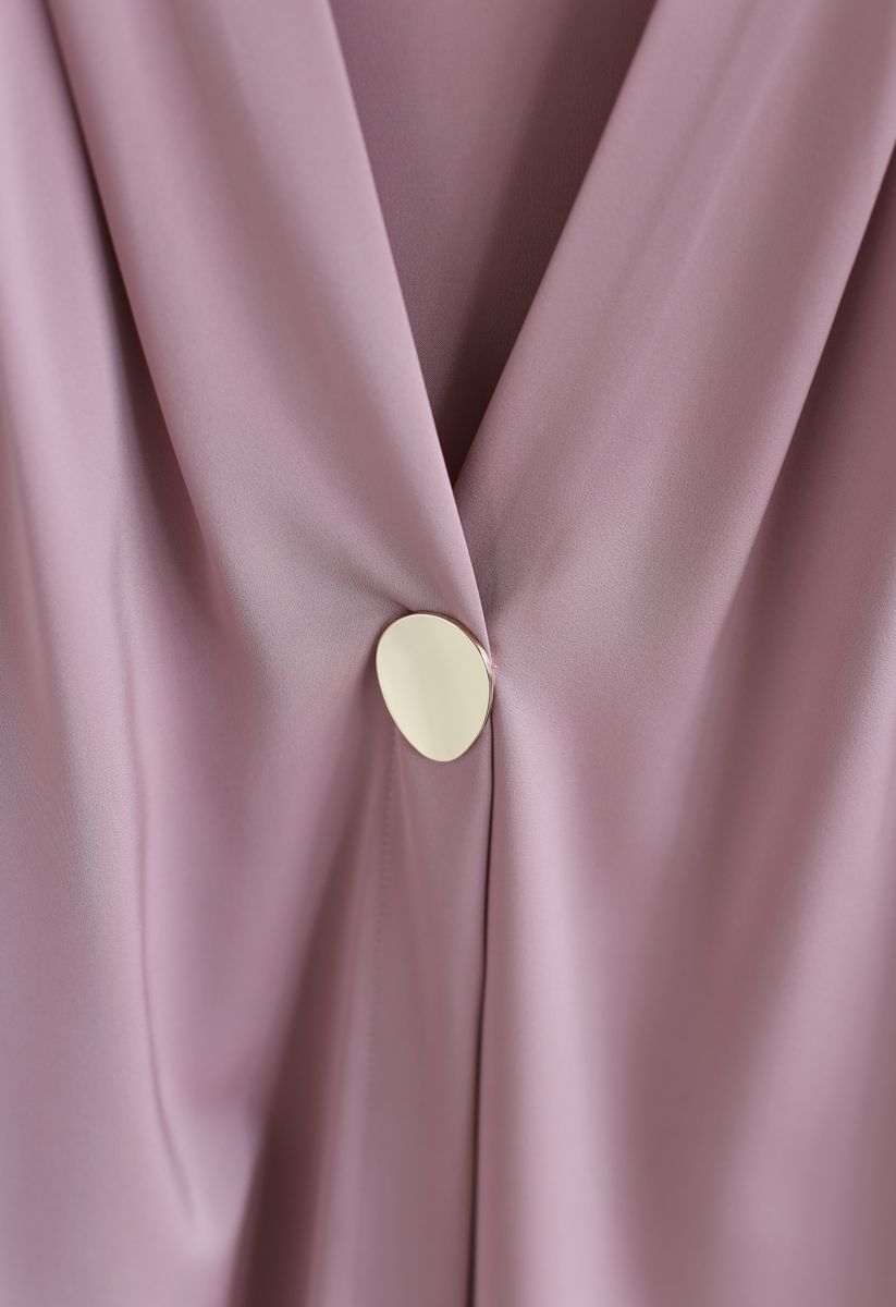 Button Embellished Satin V-Neck Top in Pink
