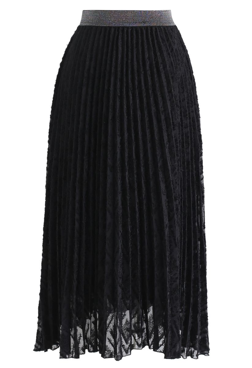 Feathers Tassel Pleated Midi Skirt in Black