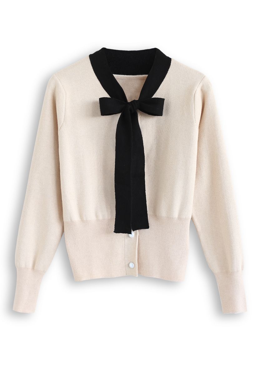 Button Down Bowknot Knit Sweater in Cream