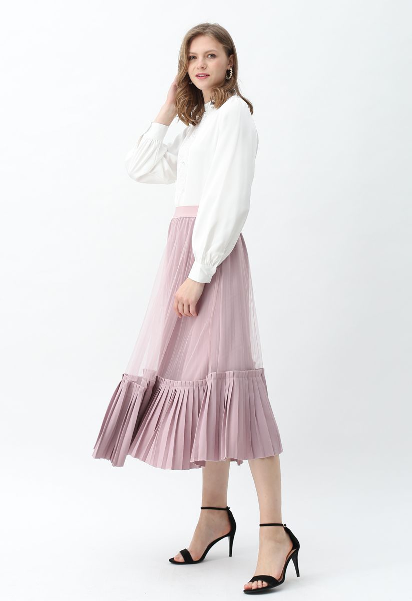 Mesh Asymmetric Hem Pleated Midi Skirt in Lilac - Retro, Indie and ...