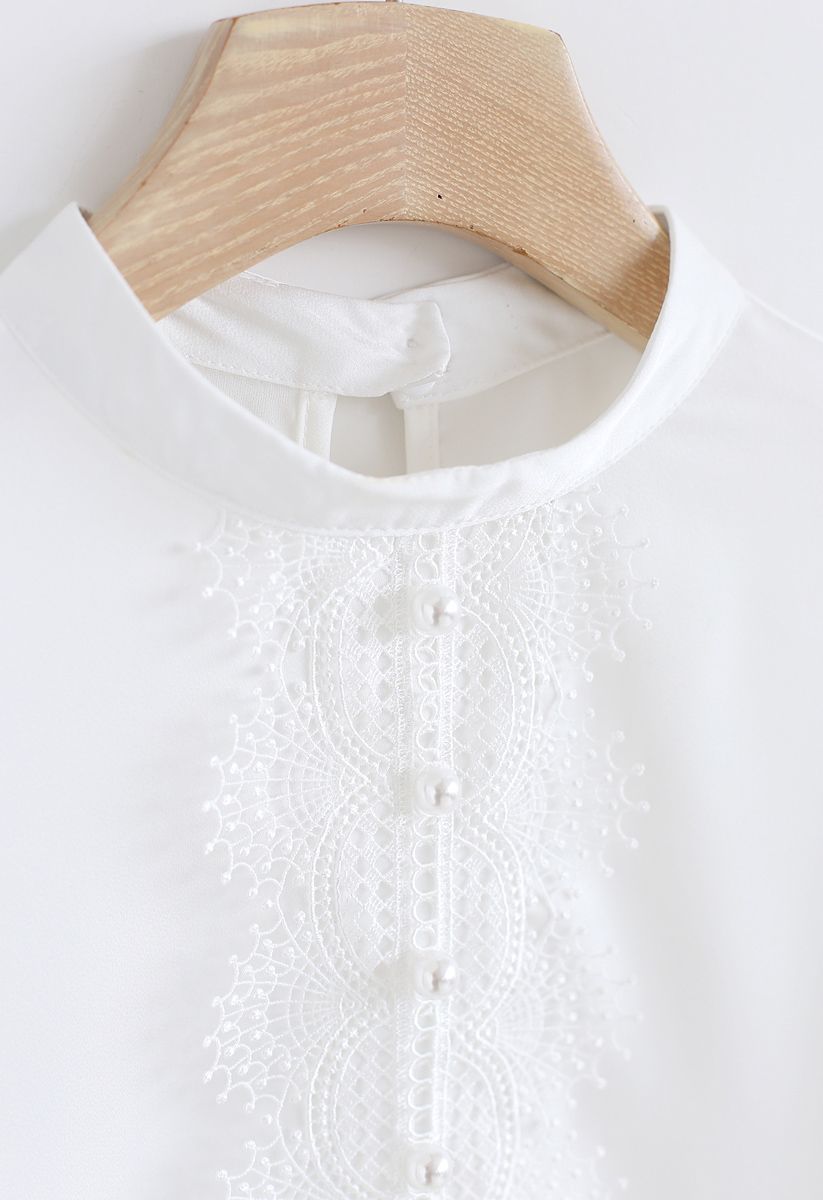 Pearls Embellished Lace Chiffon Top in White