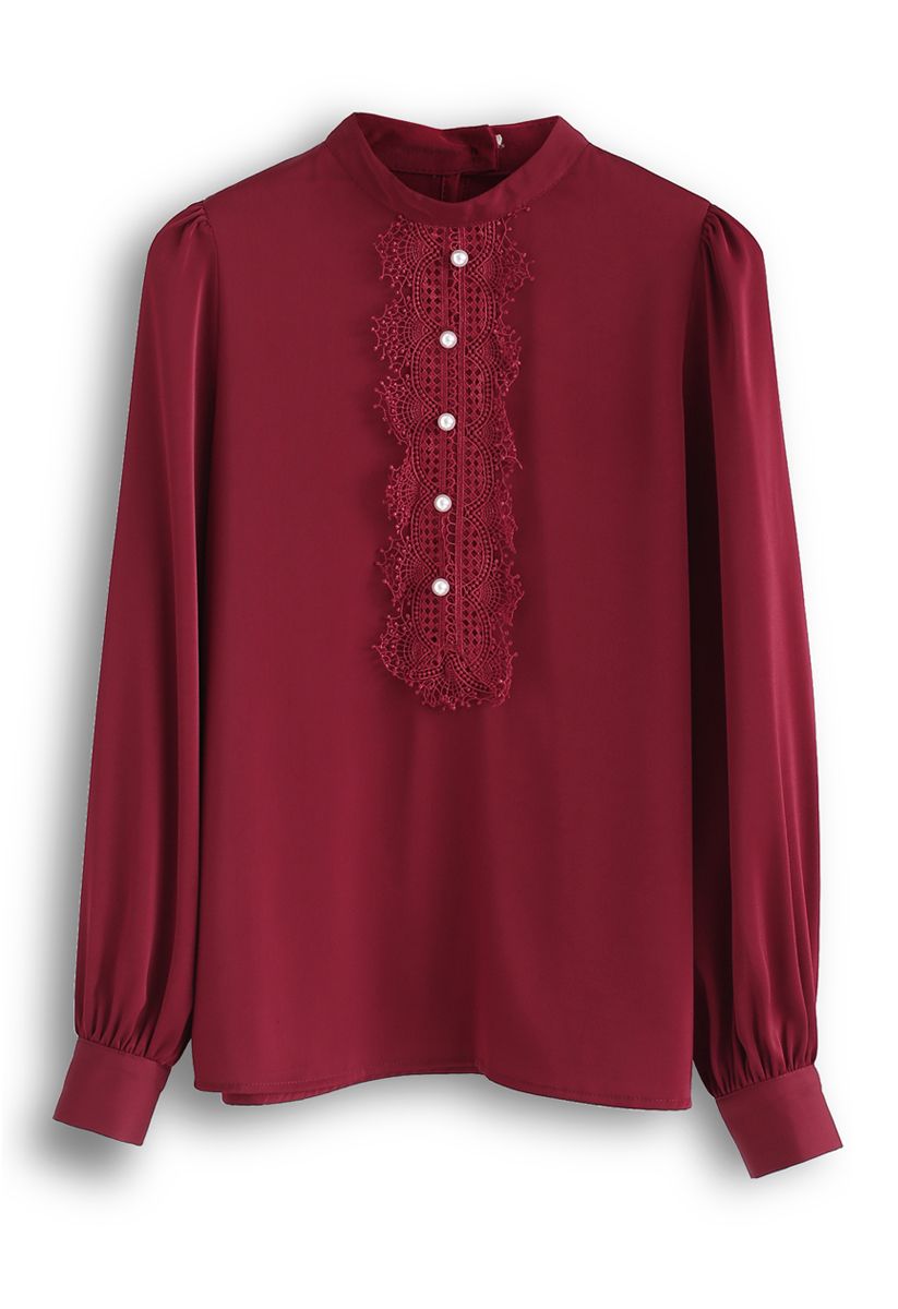 Pearls Embellished Lace Chiffon Top in Red