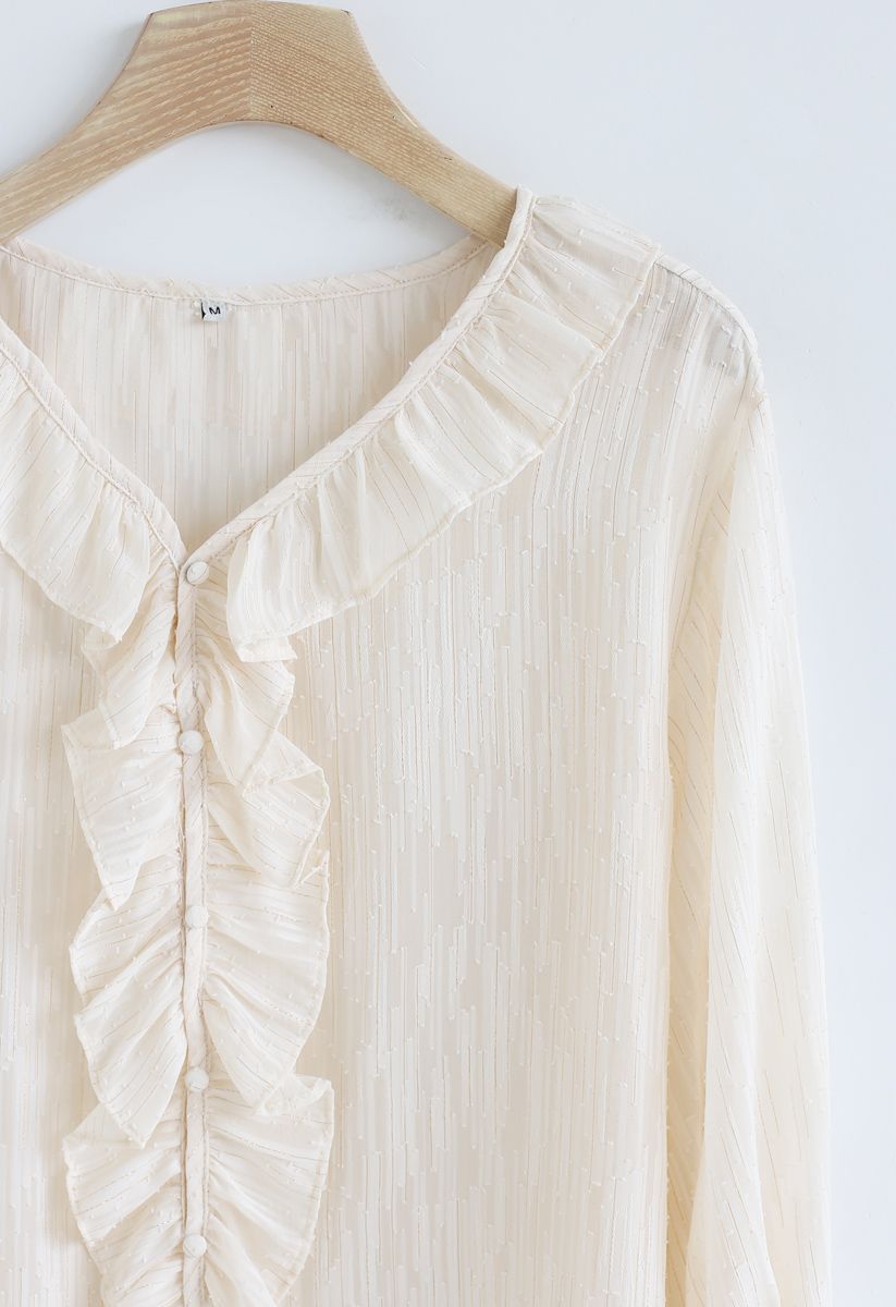 Lines Decorated Ruffle Sheer Top in Cream