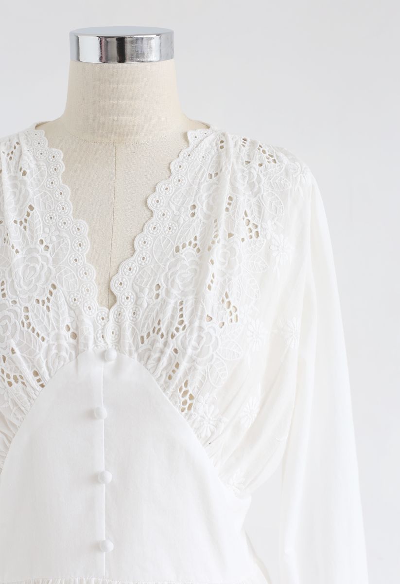 Floral Crochet V-Neck Peplum Top in White