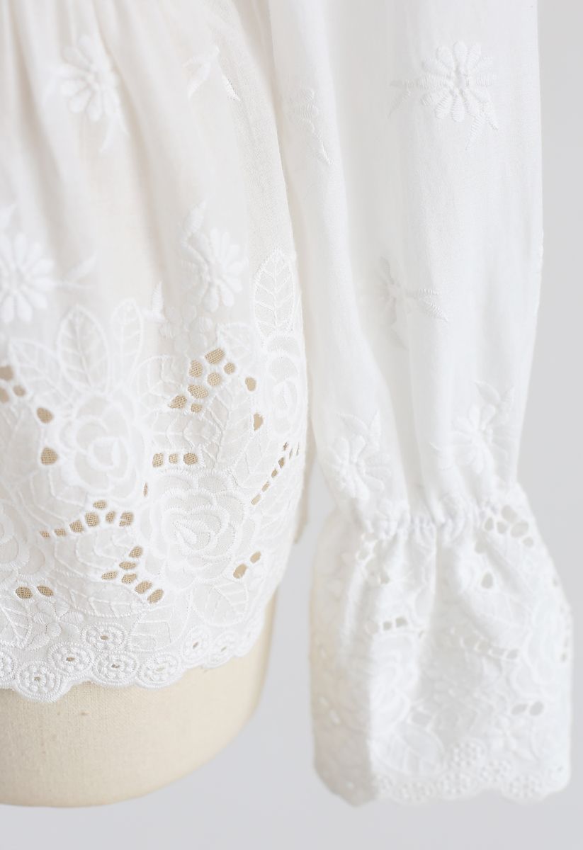 Floral Crochet V-Neck Peplum Top in White
