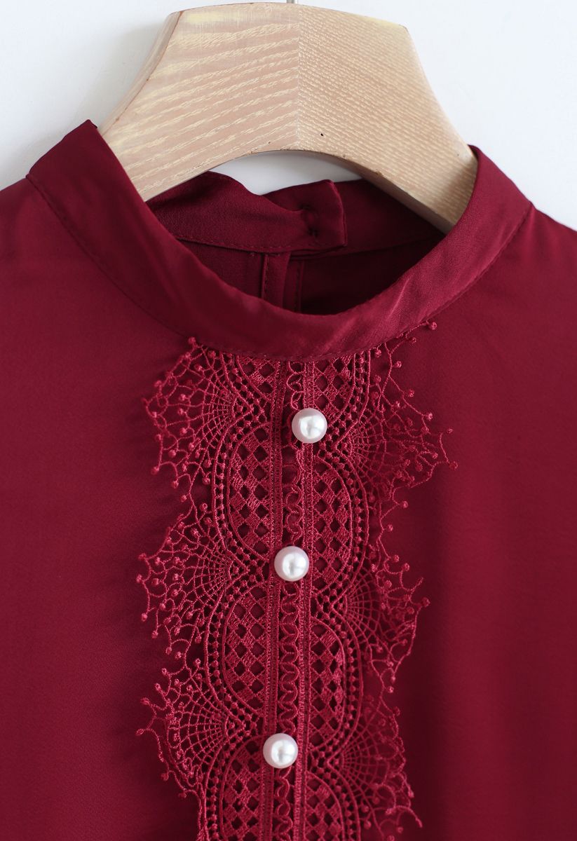Pearls Embellished Lace Chiffon Top in Red