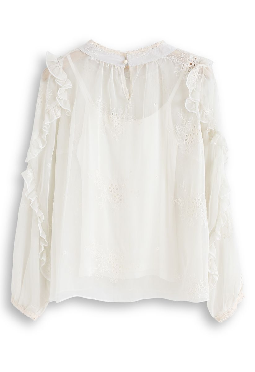 Eyelet Floral Embroidered Semi-Sheer Top in Cream - Retro, Indie and ...